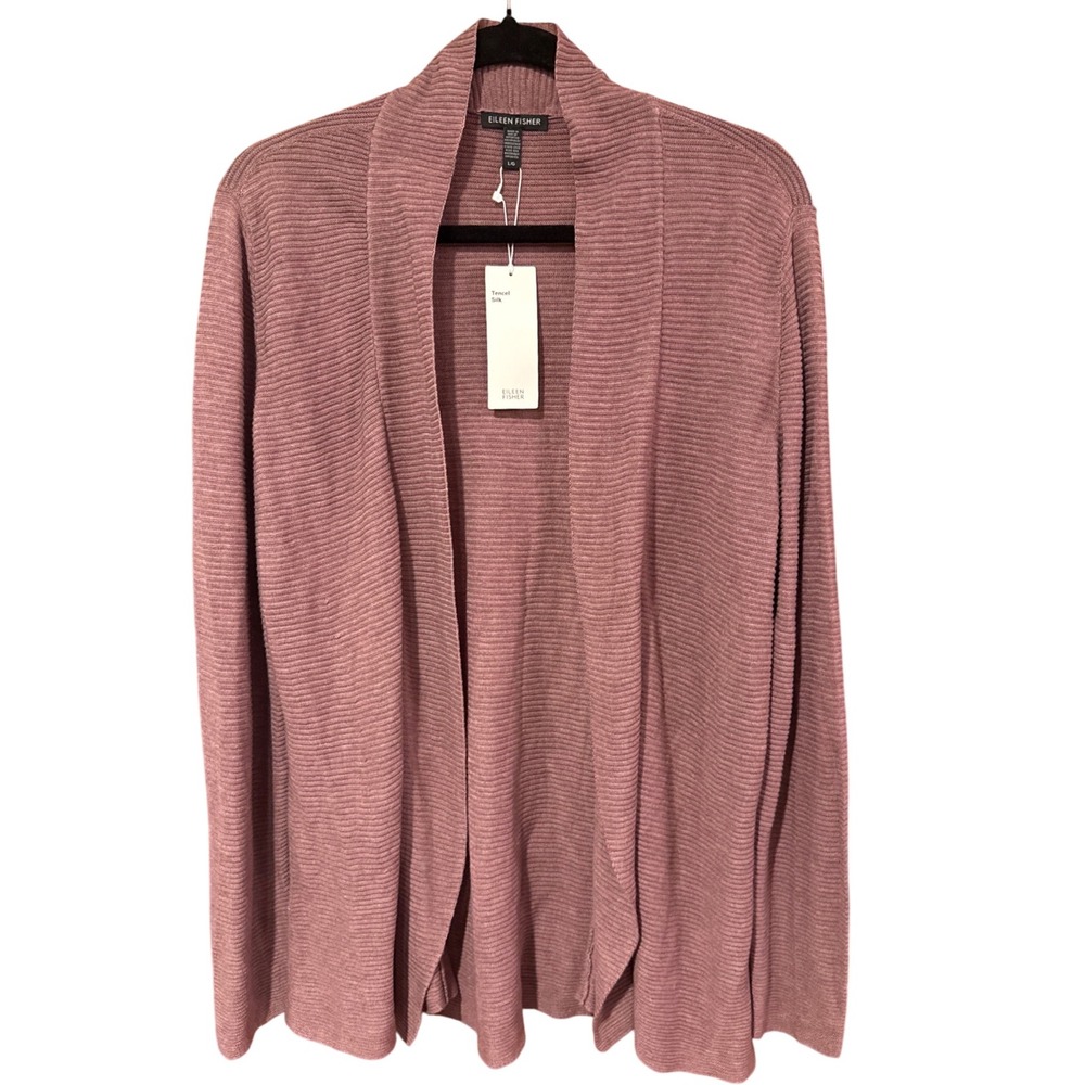 Eileen Fisher Large open cardigan sweater silk tencel mauve coastal lagenlook